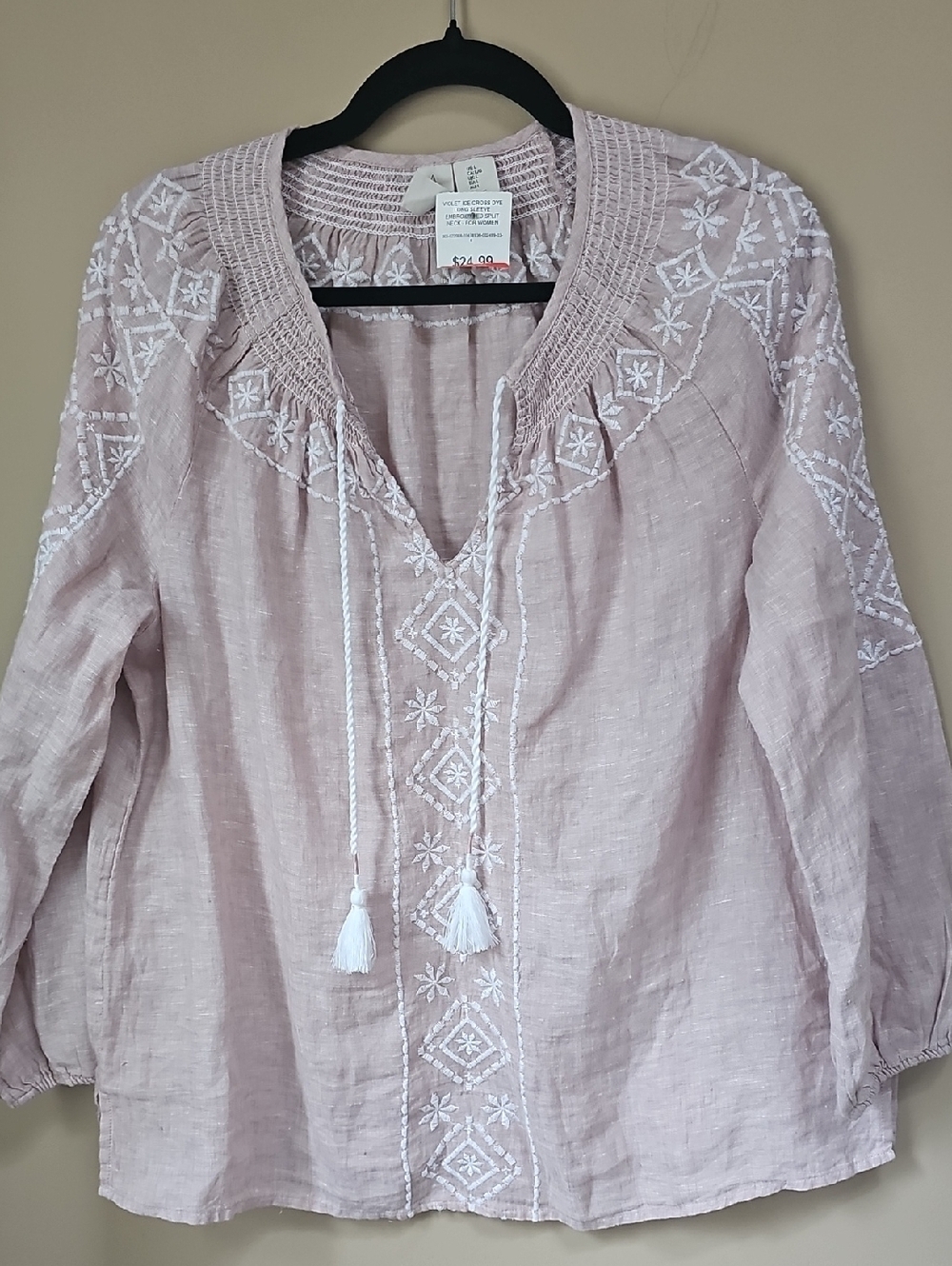 Joie Light Mauve Embroidered Tunic with White Accents